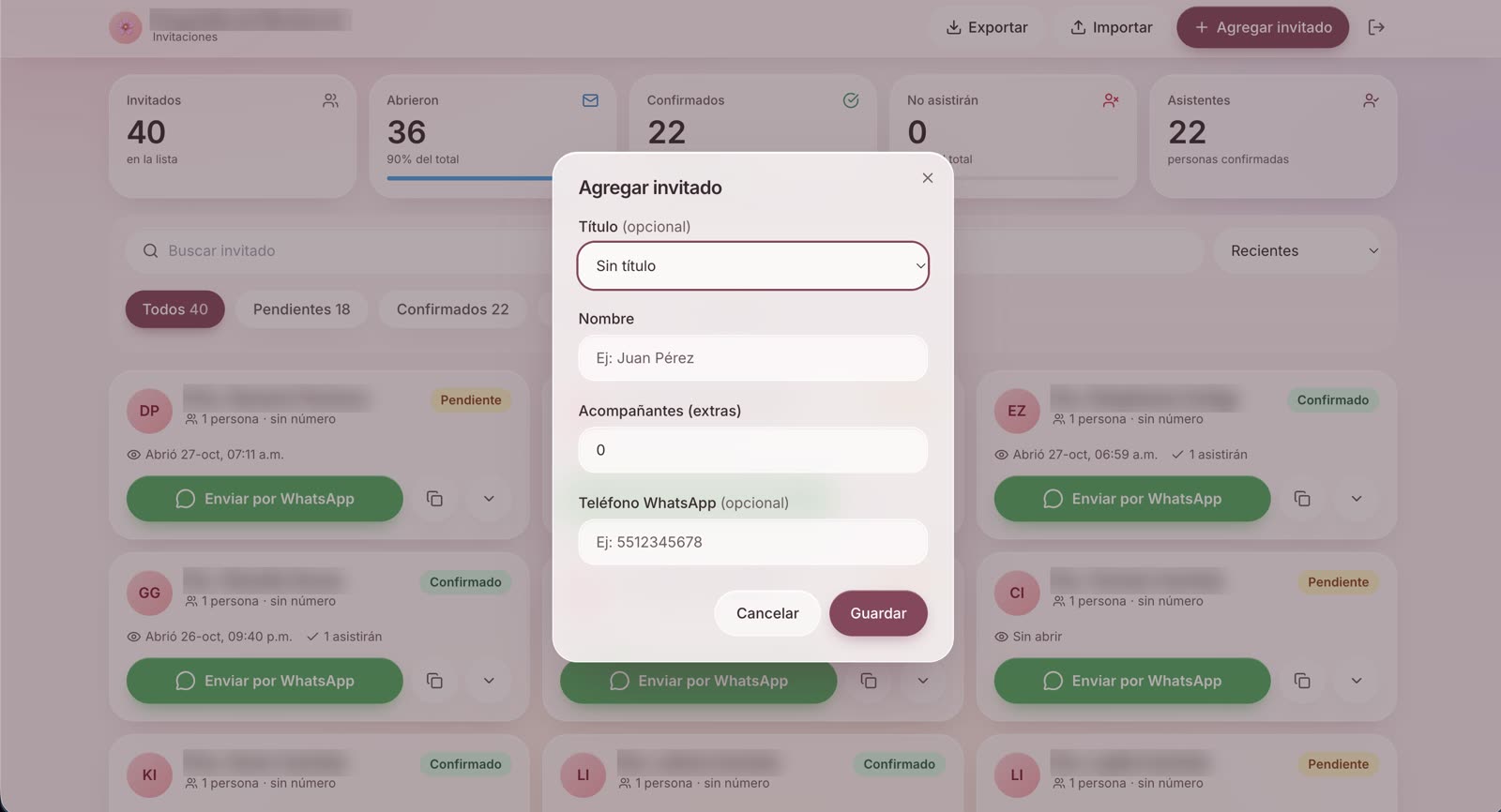 Ventana para agregar un invitado con título, nombre, acompañantes y teléfono de WhatsApp